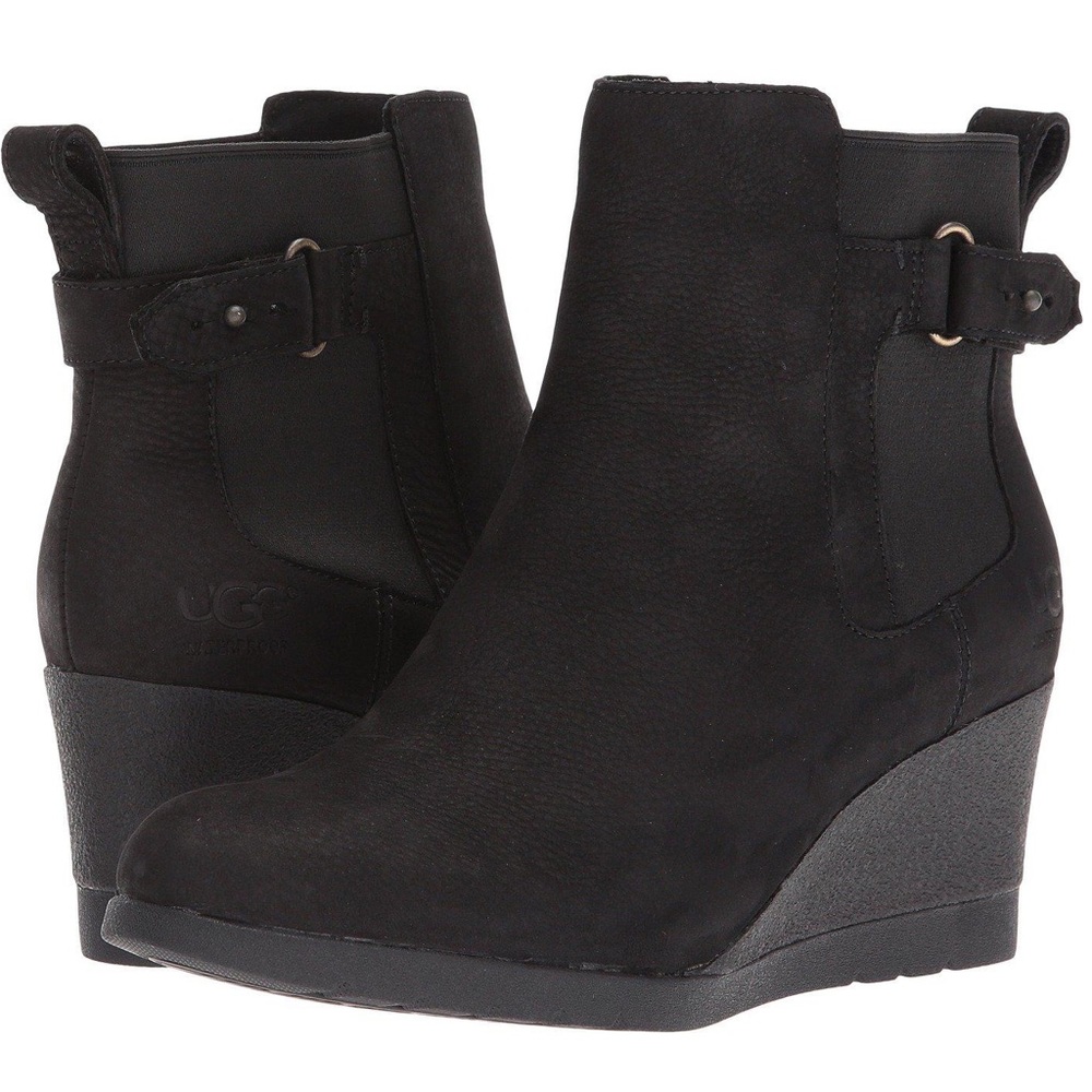 UGG Indra Waterproof Black Leather Insulated Wedge Boots Size 9